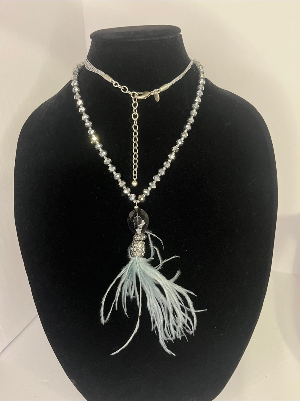 Chico's Silver Beaded Necklace with Pale Blue Feather Pendant